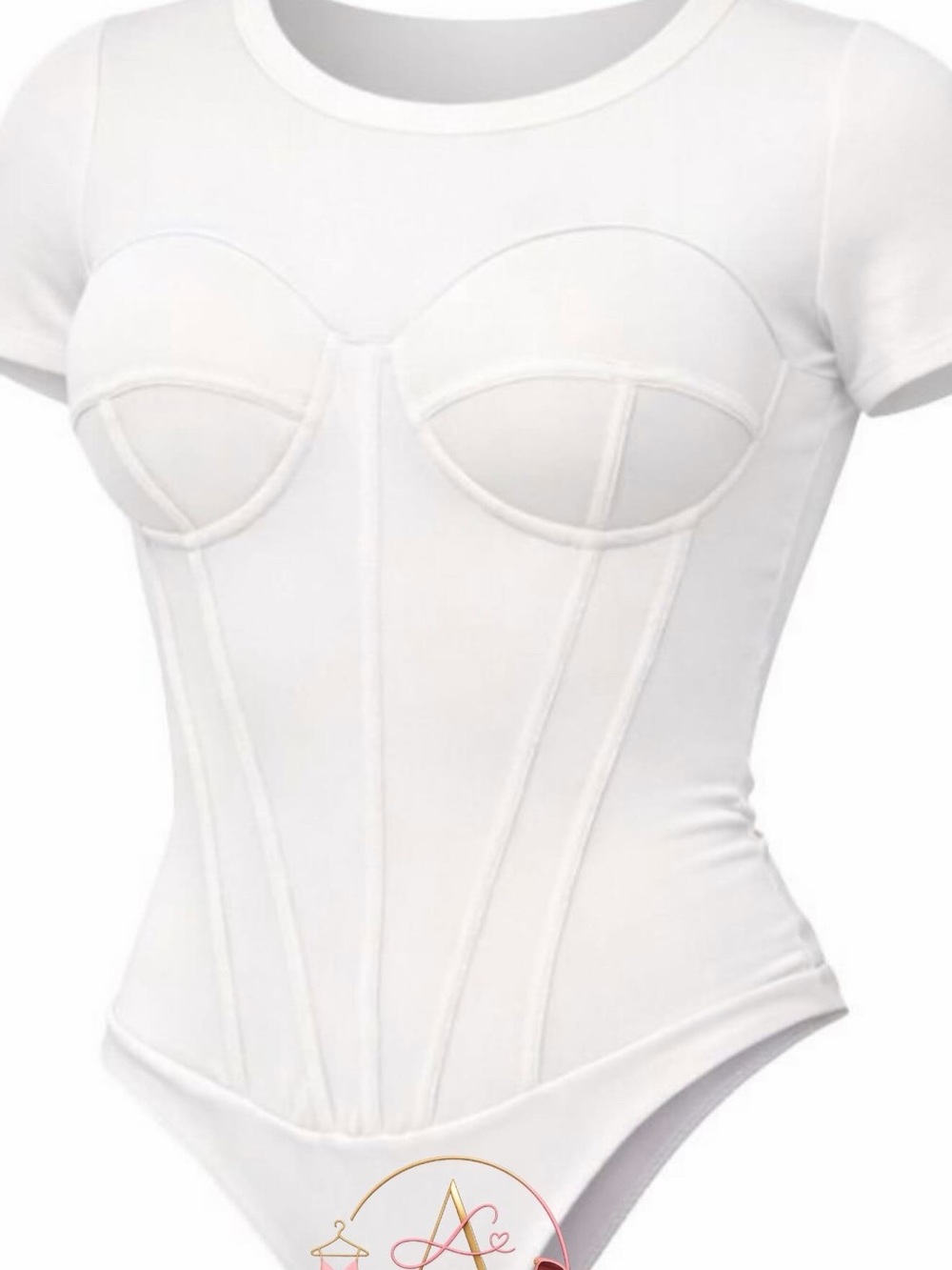 White Bustier-Style Short Sleeve Bodysuit